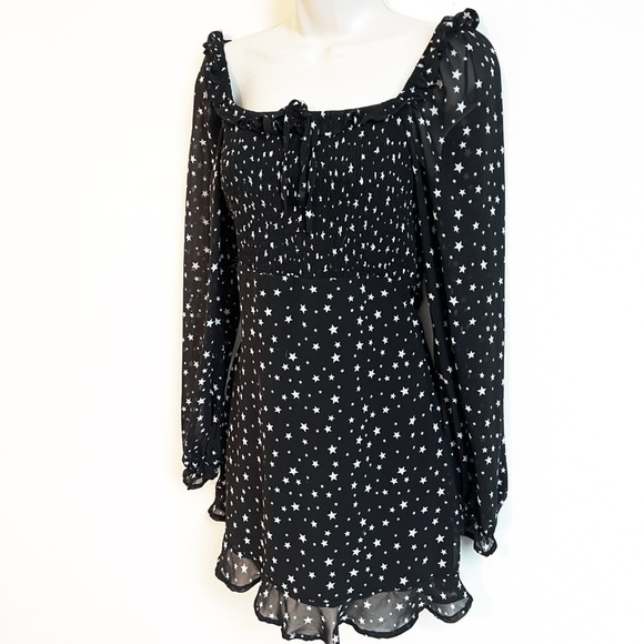 Altar’d State Long Sleeve Mini Star Dress Babydoll Black White Medium Sheer - Picture 4 of 11